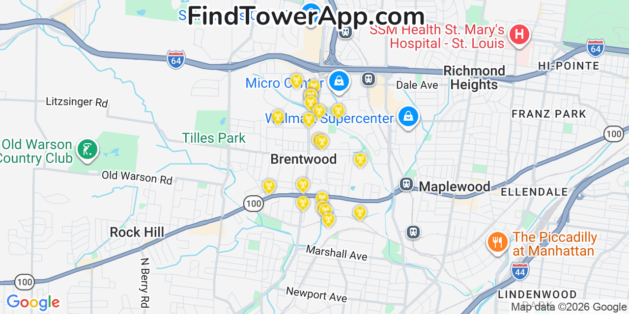 Map showing the 20 primary cell tower locations detected in Brentwood, Missouri from AT&T, Verizon, and T-Mobile networks