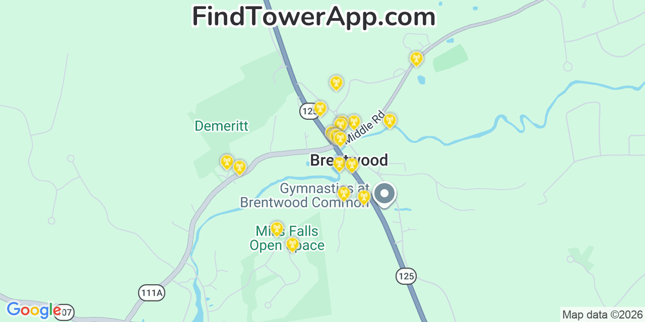 Map showing the 20 primary cell tower locations detected in Brentwood, New Hampshire from AT&T, Verizon, and T-Mobile networks