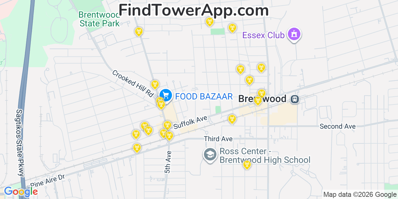 Map showing the 20 primary cell tower locations detected in Brentwood, New York from AT&T, Verizon, and T-Mobile networks