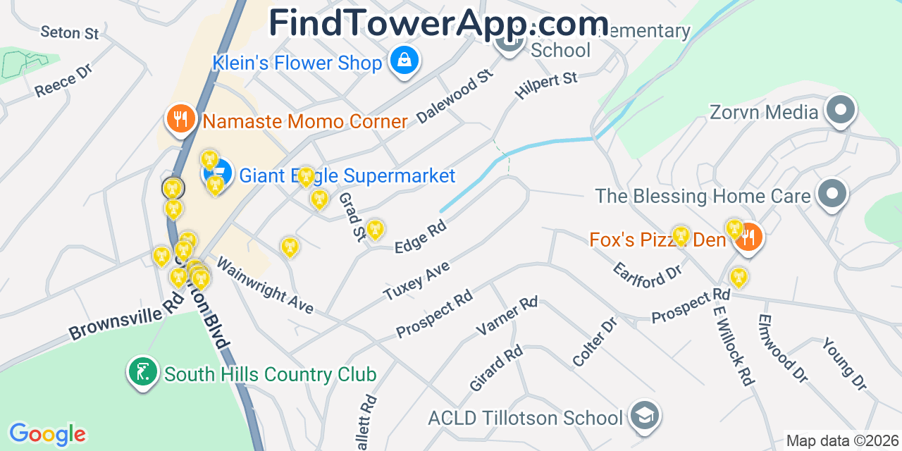 Map showing the 20 primary cell tower locations detected in Brentwood, Pennsylvania from AT&T, Verizon, and T-Mobile networks