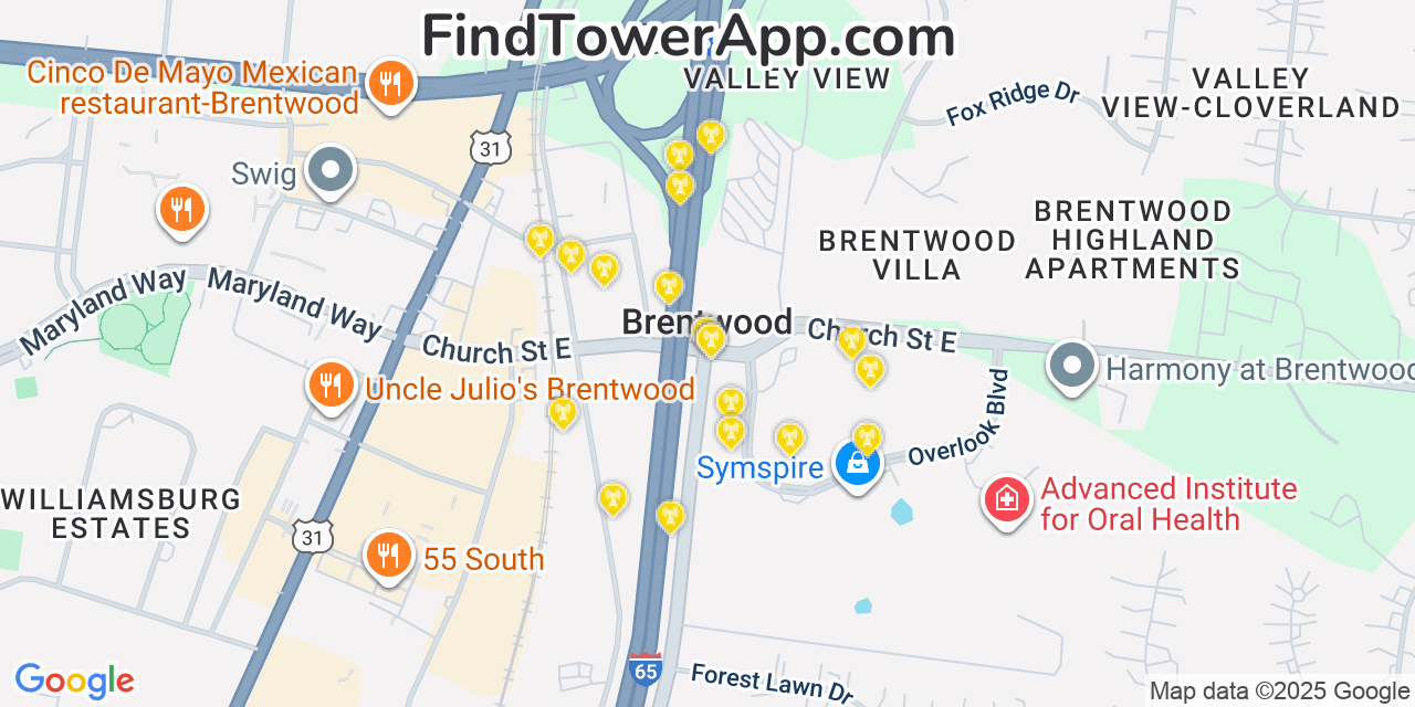 Map showing the 20 primary cell tower locations detected in Brentwood, Tennessee from AT&T, Verizon, and T-Mobile networks