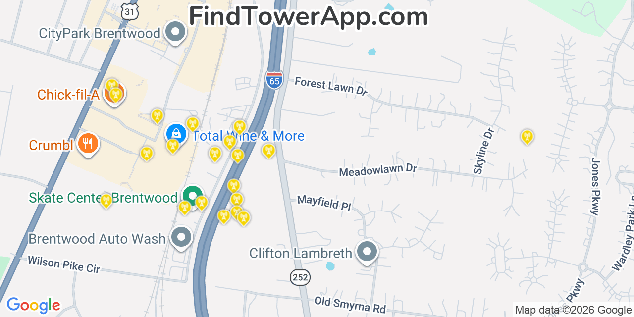 Map showing the 20 primary cell tower locations detected in Brentwood, Tennessee from AT&T, Verizon, and T-Mobile networks