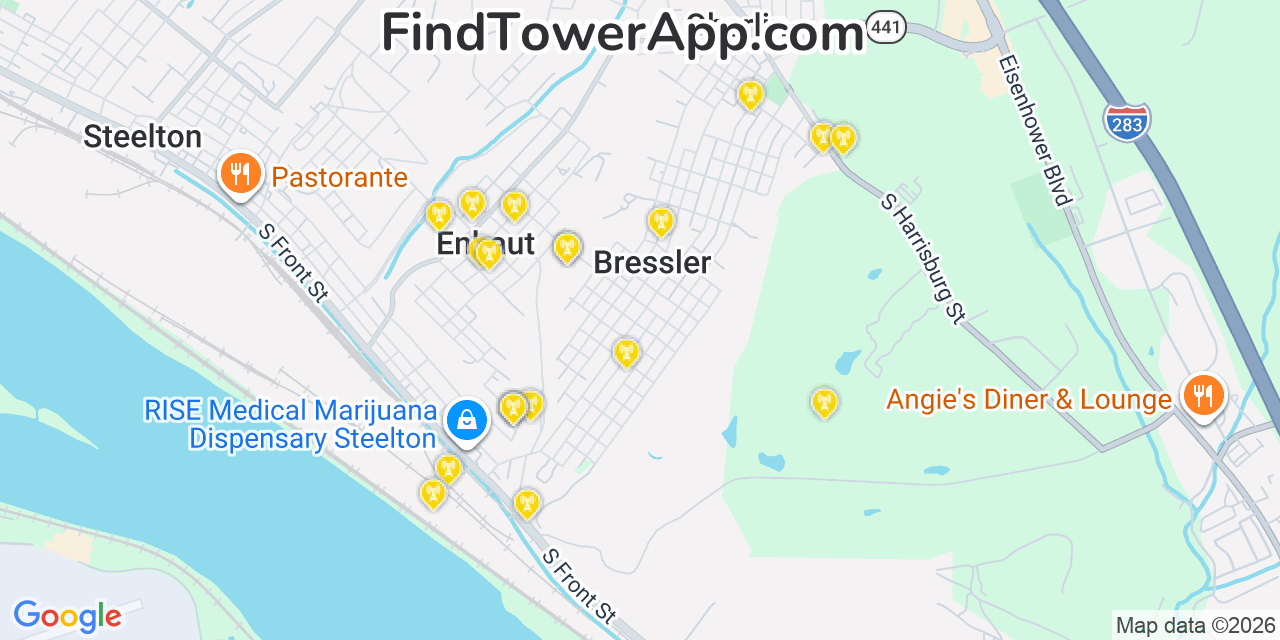 Map showing the 20 primary cell tower locations detected in Bressler, Pennsylvania from AT&T, Verizon, and T-Mobile networks