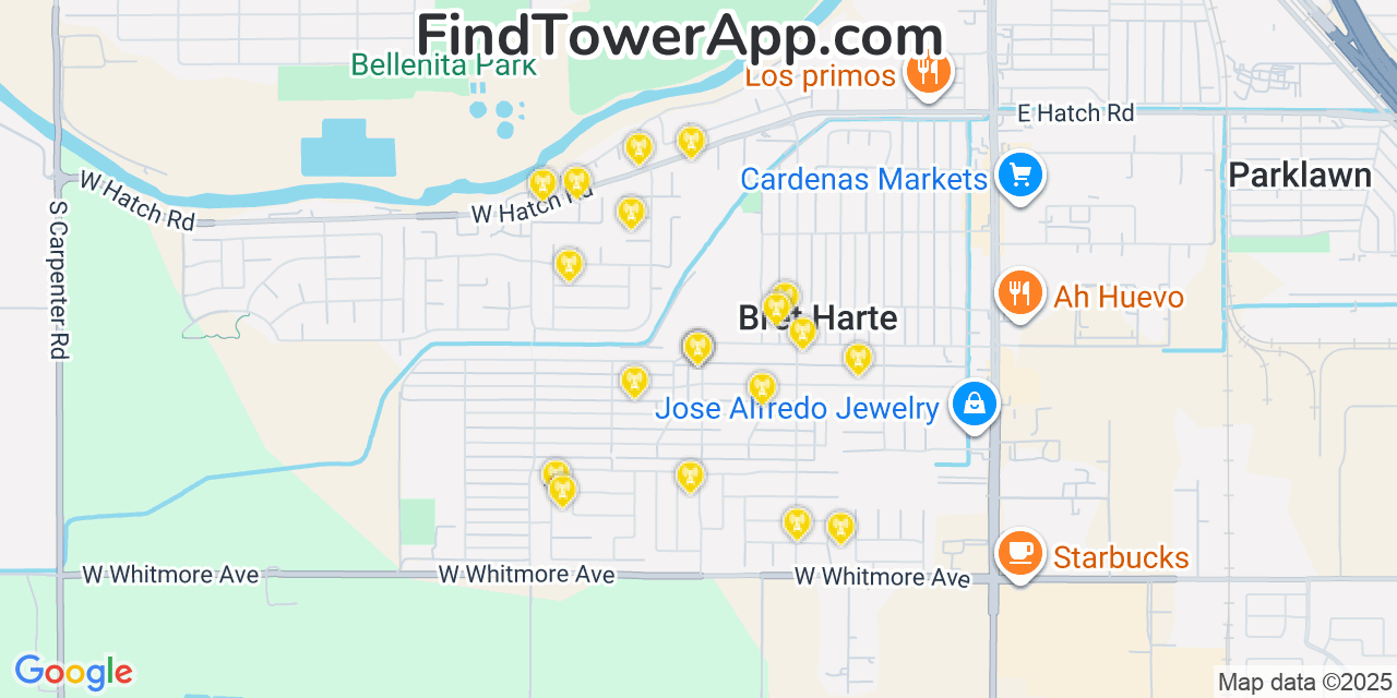 Map showing the 20 primary cell tower locations detected in Bret Harte, California from AT&T, Verizon, and T-Mobile networks