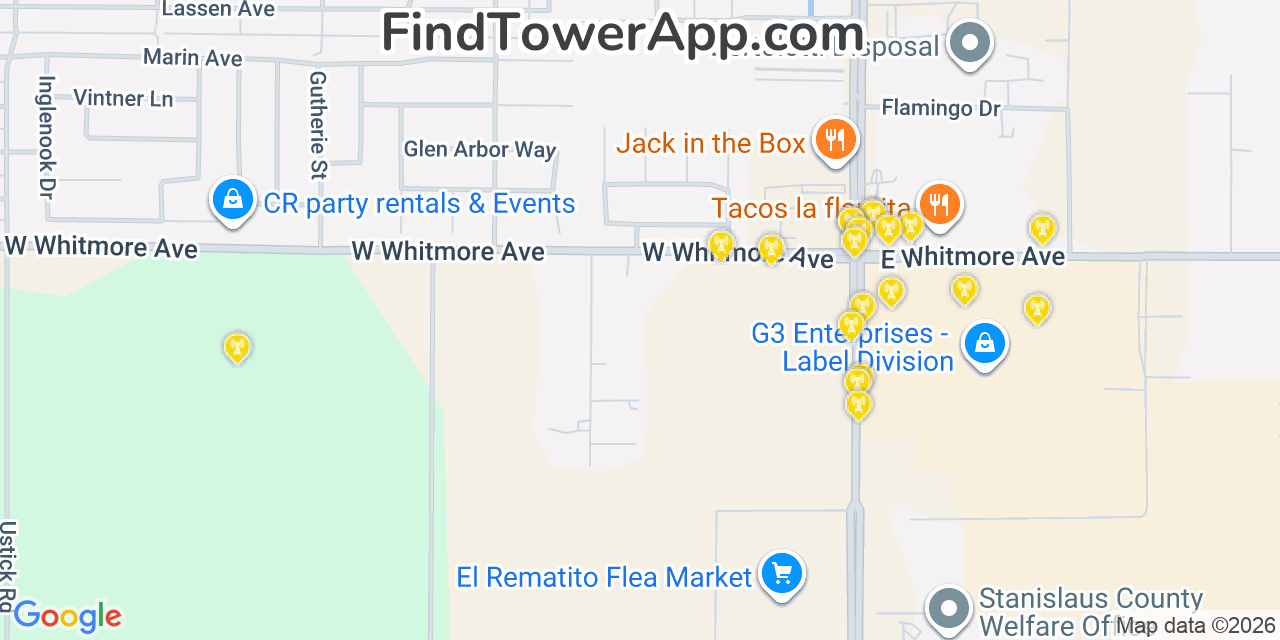 Map showing the 20 primary cell tower locations detected in Bret Harte, California from AT&T, Verizon, and T-Mobile networks