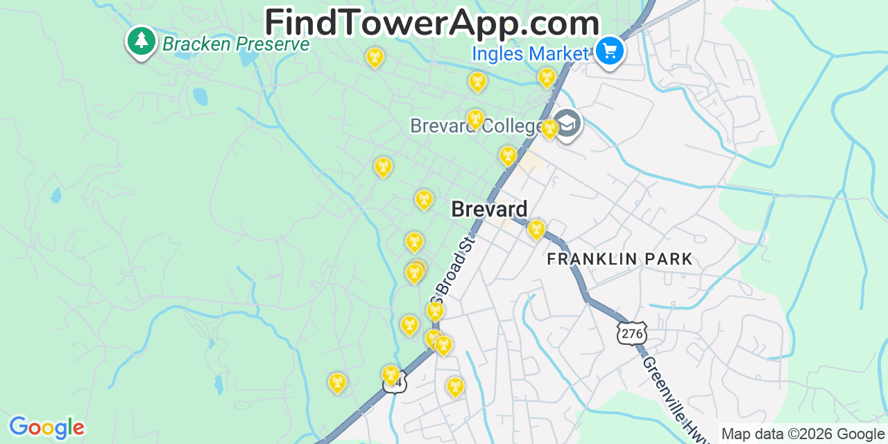 Map showing the 20 primary cell tower locations detected in Brevard, North Carolina from AT&T, Verizon, and T-Mobile networks