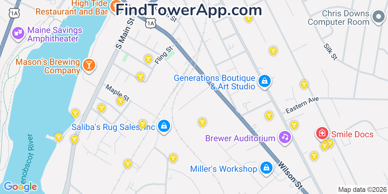 Map showing the 20 primary cell tower locations detected in Brewer, Maine from AT&T, Verizon, and T-Mobile networks