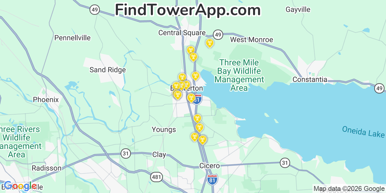 Map showing the 20 primary cell tower locations detected in Brewerton, New York from AT&T, Verizon, and T-Mobile networks