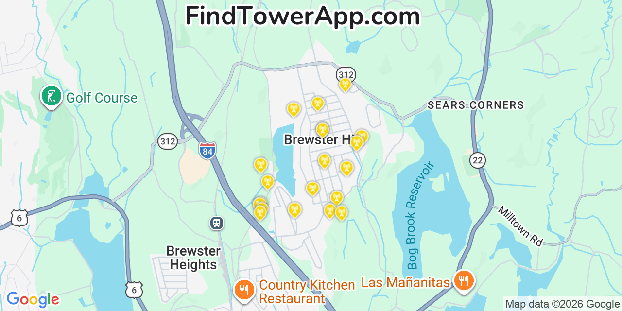 Map showing the 20 primary cell tower locations detected in Brewster Hill, New York from AT&T, Verizon, and T-Mobile networks