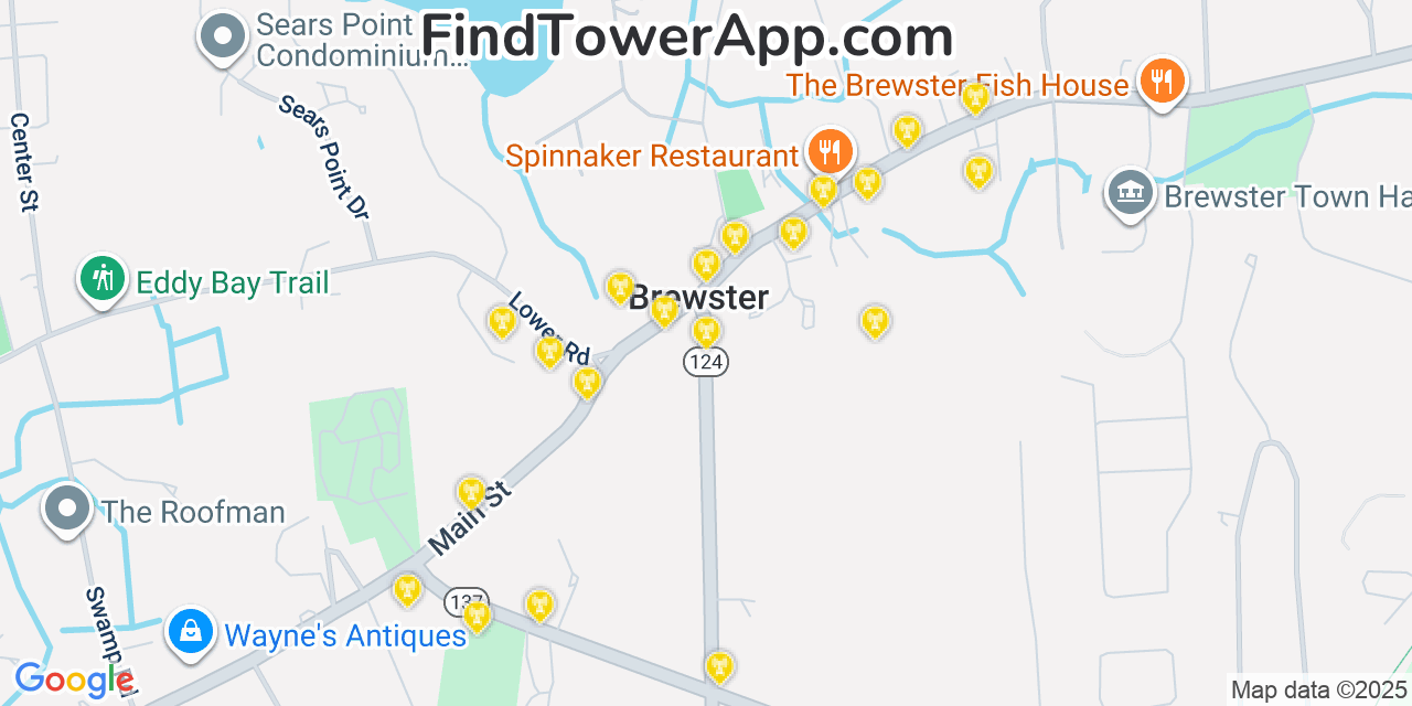 Map showing the 20 primary cell tower locations detected in Brewster, Massachusetts from AT&T, Verizon, and T-Mobile networks
