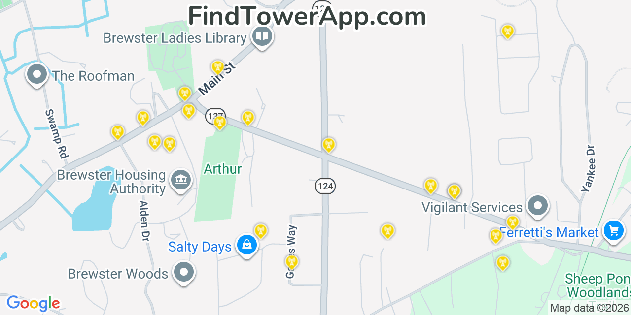 Map showing the 20 primary cell tower locations detected in Brewster, Massachusetts from AT&T, Verizon, and T-Mobile networks