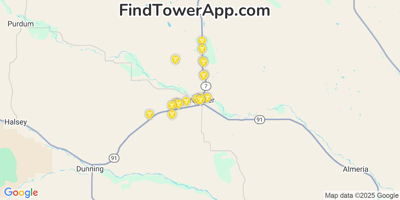 Map showing the 20 primary cell tower locations detected in Brewster, Nebraska from AT&T, Verizon, and T-Mobile networks