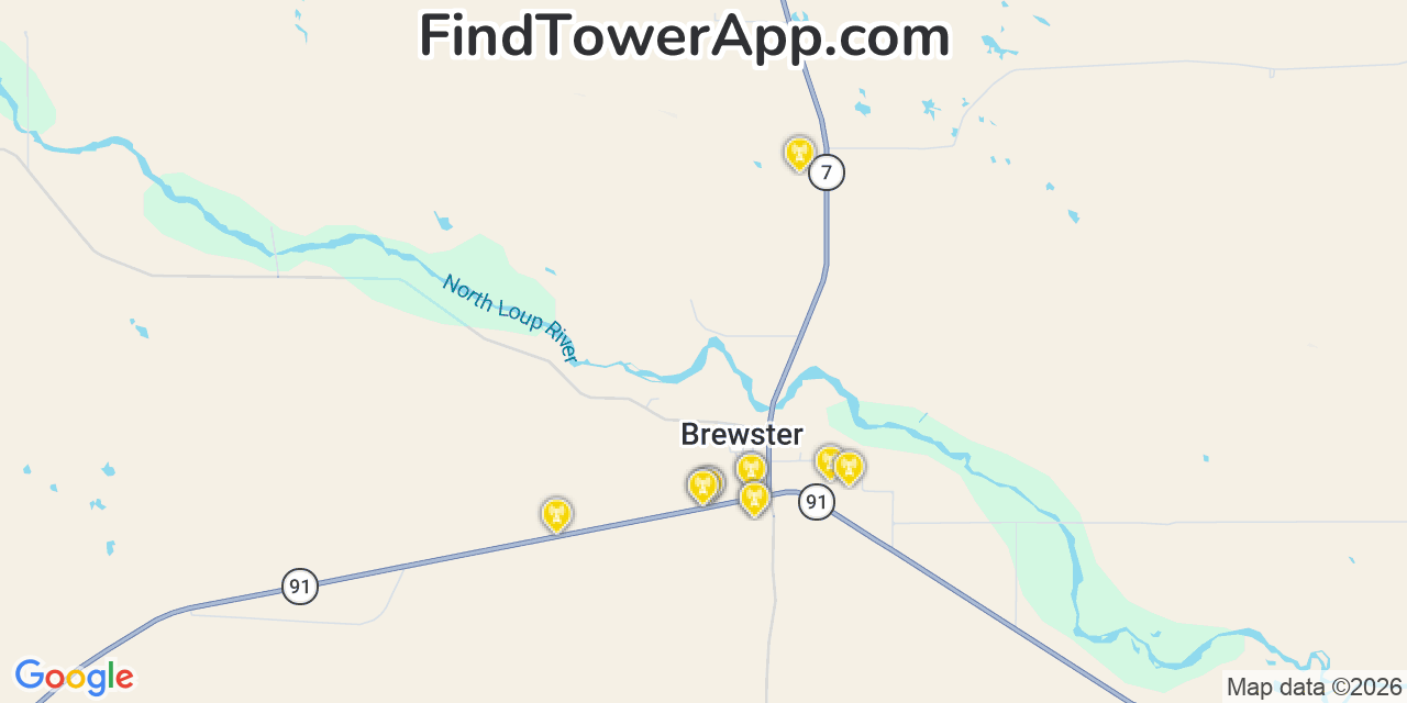Map showing the 20 primary cell tower locations detected in Brewster, Nebraska from AT&T, Verizon, and T-Mobile networks