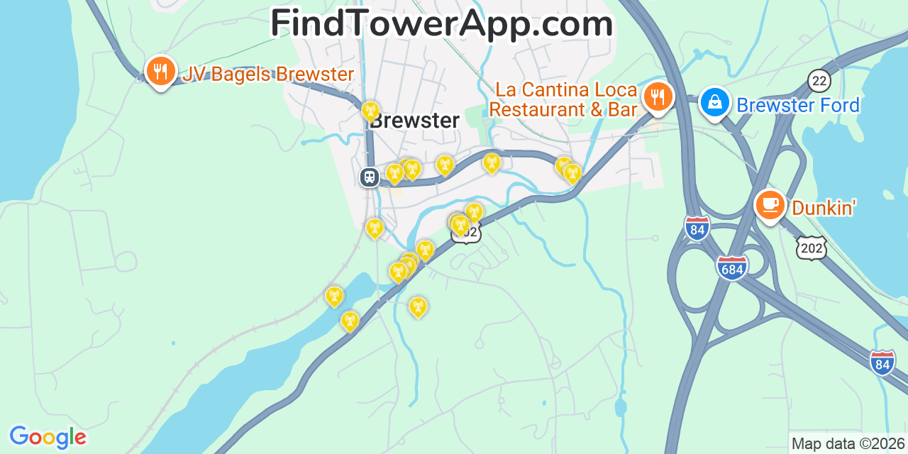 Map showing the 20 primary cell tower locations detected in Brewster, New York from AT&T, Verizon, and T-Mobile networks