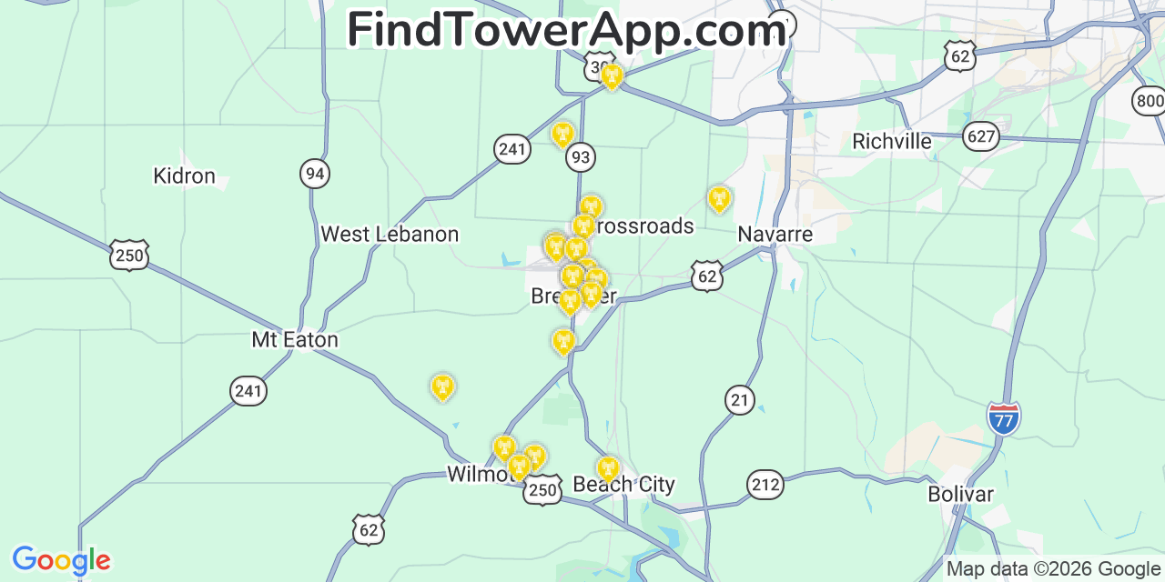 Map showing the 20 primary cell tower locations detected in Brewster, Ohio from AT&T, Verizon, and T-Mobile networks