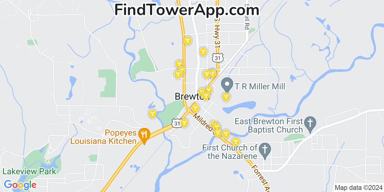 AT&T 4G/5G cell tower coverage map Brewton, Alabama