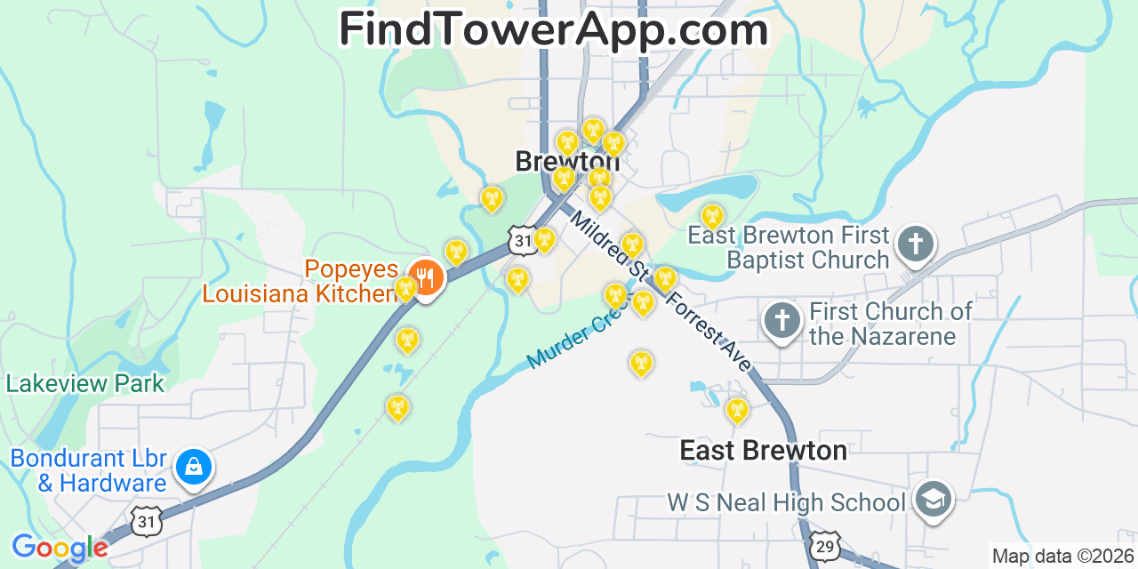 Map showing the 20 primary cell tower locations detected in Brewton, Alabama from AT&T, Verizon, and T-Mobile networks