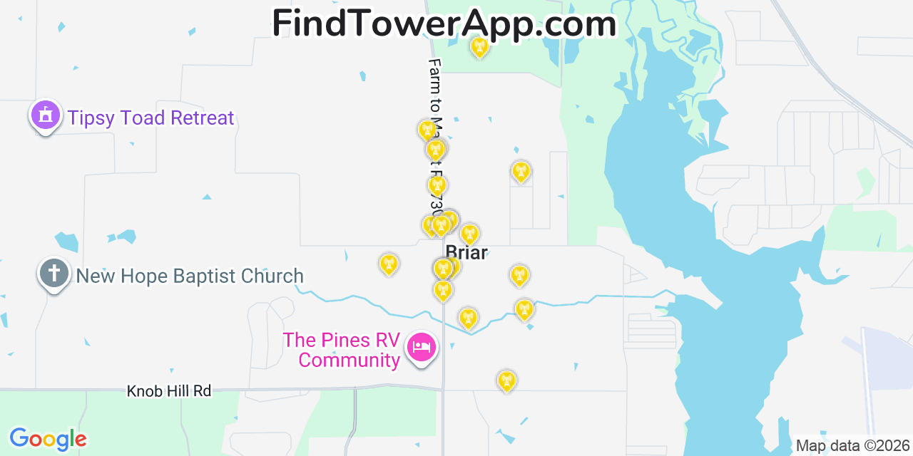 Map showing the 20 primary cell tower locations detected in Briar, Texas from AT&T, Verizon, and T-Mobile networks