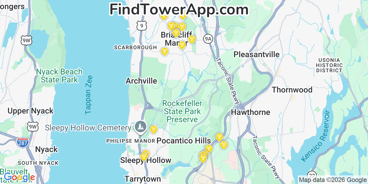 Map showing the 20 primary cell tower locations detected in Briarcliff Manor, New York from AT&T, Verizon, and T-Mobile networks