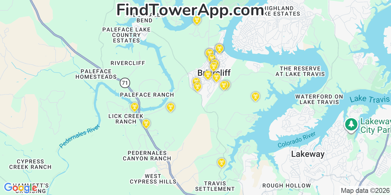 Map showing the 20 primary cell tower locations detected in Briarcliff, Texas from AT&T, Verizon, and T-Mobile networks