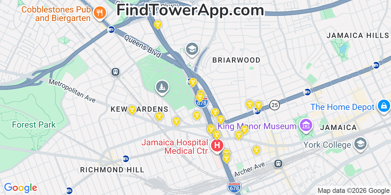 Map showing the 20 primary cell tower locations detected in Briarwood, New York from AT&T, Verizon, and T-Mobile networks