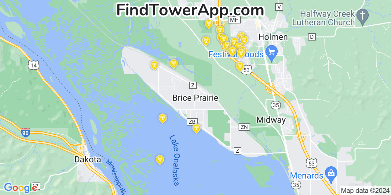 AT&T 4G/5G cell tower coverage map Brice Prairie, Wisconsin