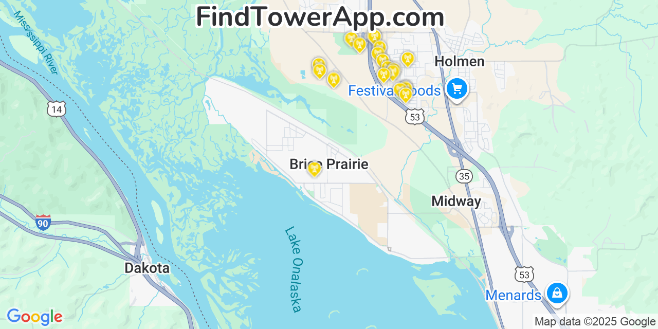 Map showing the 20 primary cell tower locations detected in Brice Prairie, Wisconsin from AT&T, Verizon, and T-Mobile networks