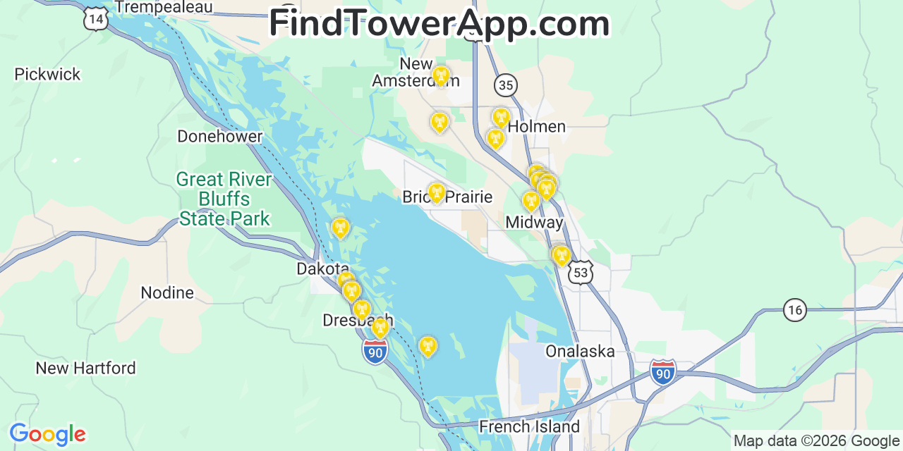 Map showing the 20 primary cell tower locations detected in Brice Prairie, Wisconsin from AT&T, Verizon, and T-Mobile networks