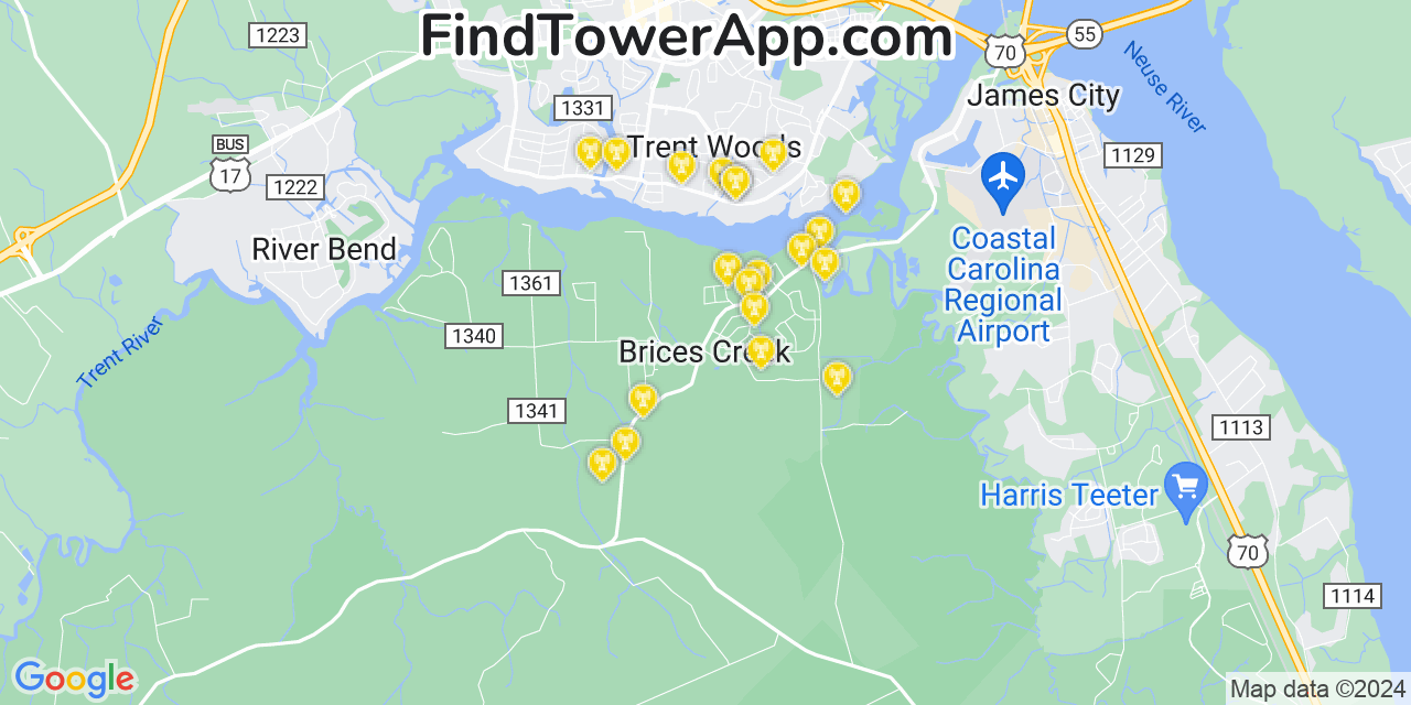 AT&T 4G/5G cell tower coverage map Brices Creek, North Carolina