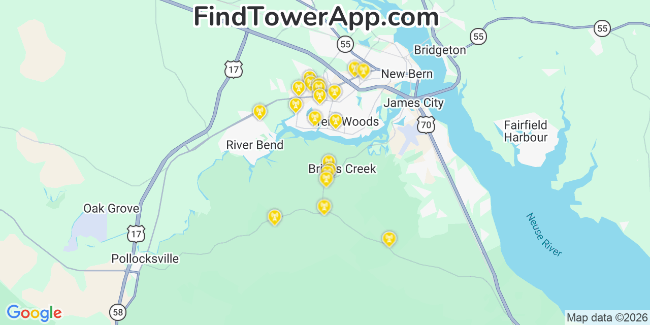 Map showing the 20 primary cell tower locations detected in Brices Creek, North Carolina from AT&T, Verizon, and T-Mobile networks