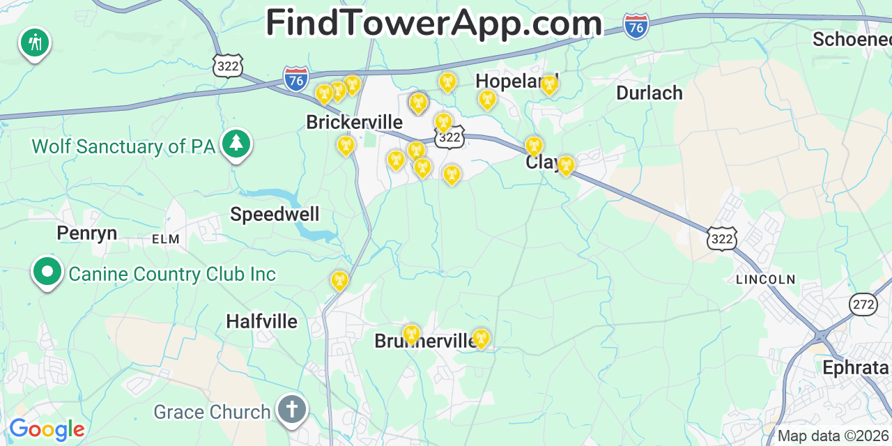 Map showing the 20 primary cell tower locations detected in Brickerville, Pennsylvania from AT&T, Verizon, and T-Mobile networks