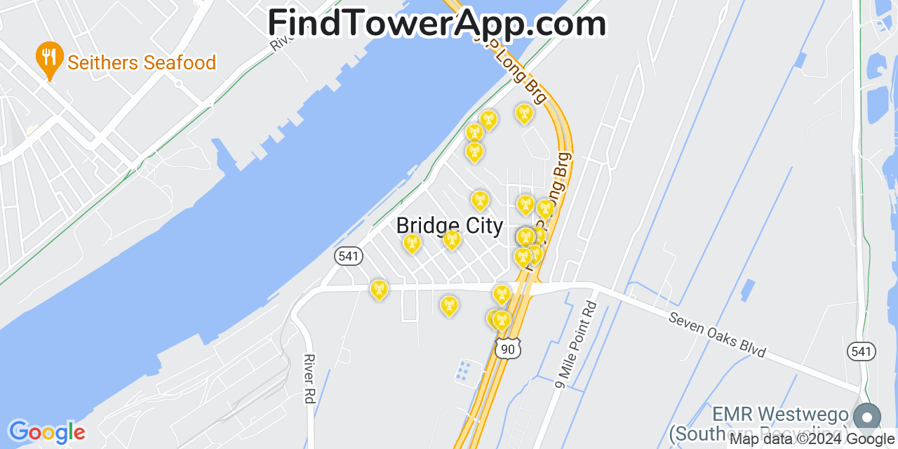 AT&T 4G/5G cell tower coverage map Bridge City, Louisiana