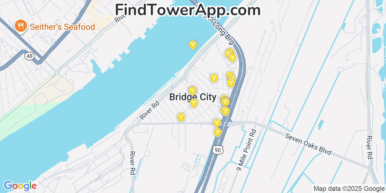 Map showing the 20 primary cell tower locations detected in Bridge City, Louisiana from AT&T, Verizon, and T-Mobile networks