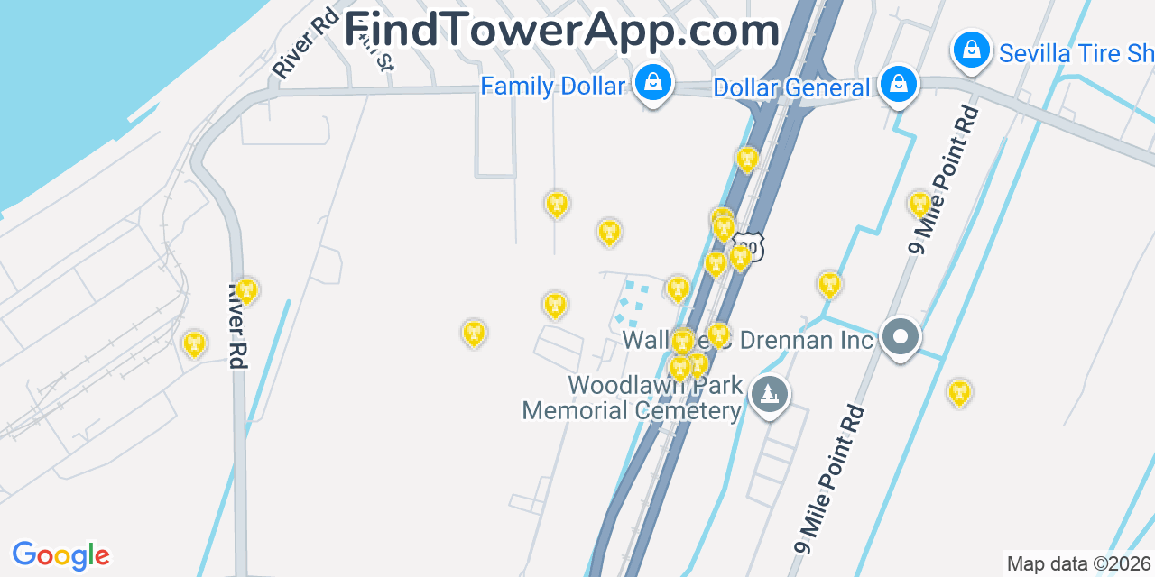 Map showing the 20 primary cell tower locations detected in Bridge City, Louisiana from AT&T, Verizon, and T-Mobile networks