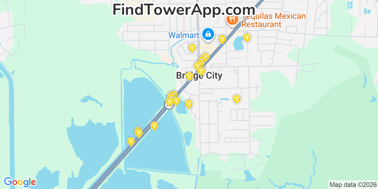 Map showing the 20 primary cell tower locations detected in Bridge City, Texas from AT&T, Verizon, and T-Mobile networks