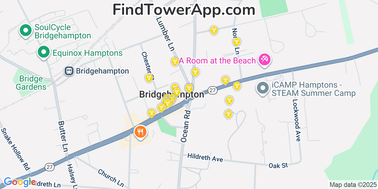 Map showing the 20 primary cell tower locations detected in Bridgehampton, New York from AT&T, Verizon, and T-Mobile networks