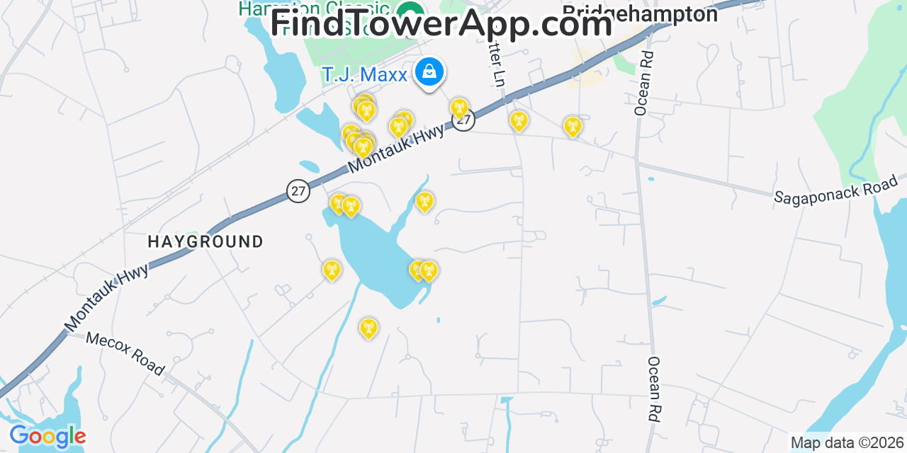 Map showing the 20 primary cell tower locations detected in Bridgehampton, New York from AT&T, Verizon, and T-Mobile networks