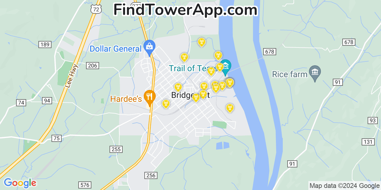 AT&T 4G/5G cell tower coverage map Bridgeport, Alabama