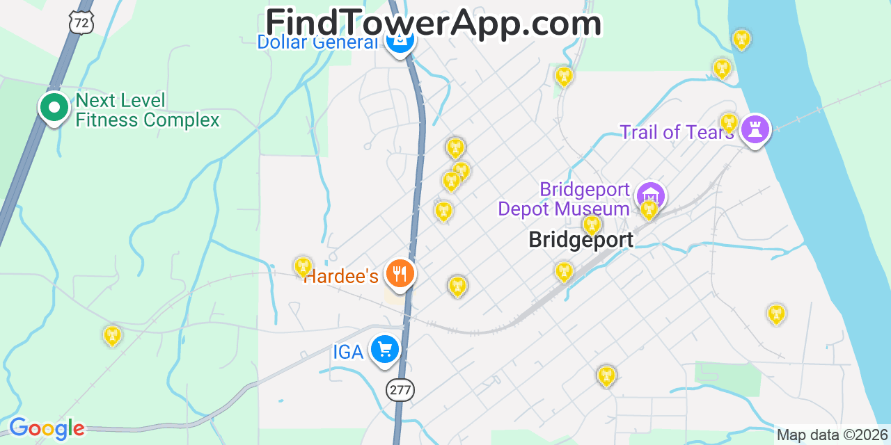 Map showing the 20 primary cell tower locations detected in Bridgeport, Alabama from AT&T, Verizon, and T-Mobile networks