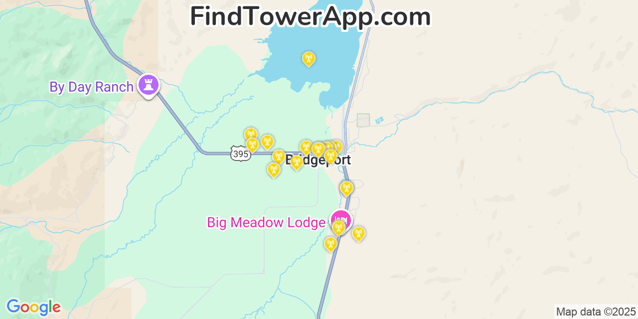 Map showing the 20 primary cell tower locations detected in Bridgeport, California from AT&T, Verizon, and T-Mobile networks