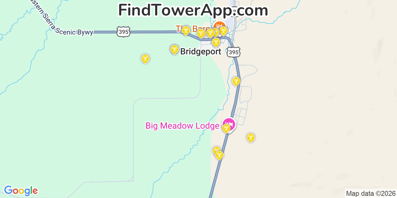 Map showing the 20 primary cell tower locations detected in Bridgeport, California from AT&T, Verizon, and T-Mobile networks