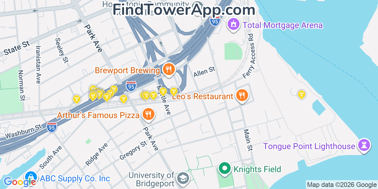 Map showing the 20 primary cell tower locations detected in Bridgeport, Connecticut from AT&T, Verizon, and T-Mobile networks