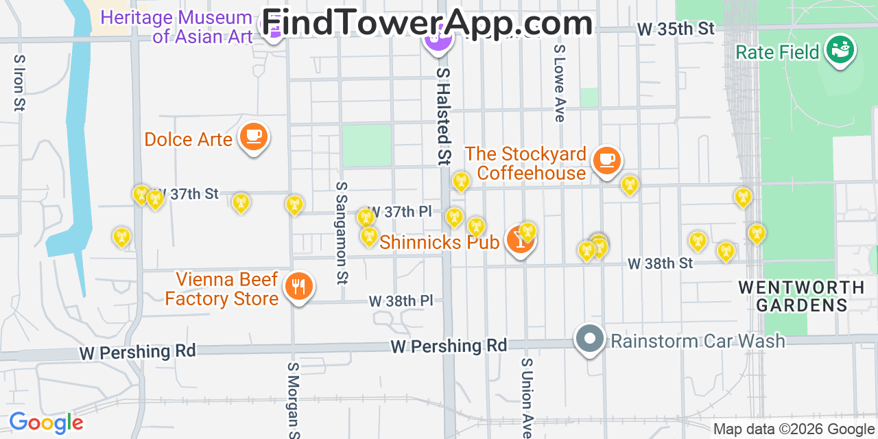 Map showing the 20 primary cell tower locations detected in Bridgeport, Illinois from AT&T, Verizon, and T-Mobile networks