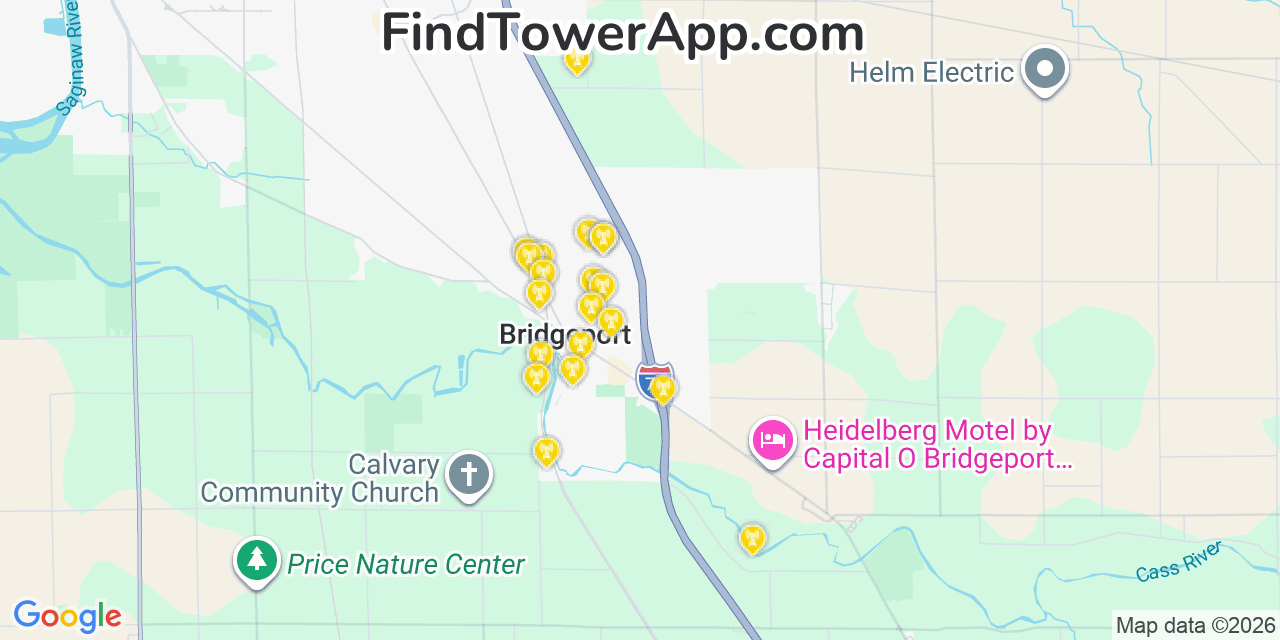 Map showing the 20 primary cell tower locations detected in Bridgeport, Michigan from AT&T, Verizon, and T-Mobile networks
