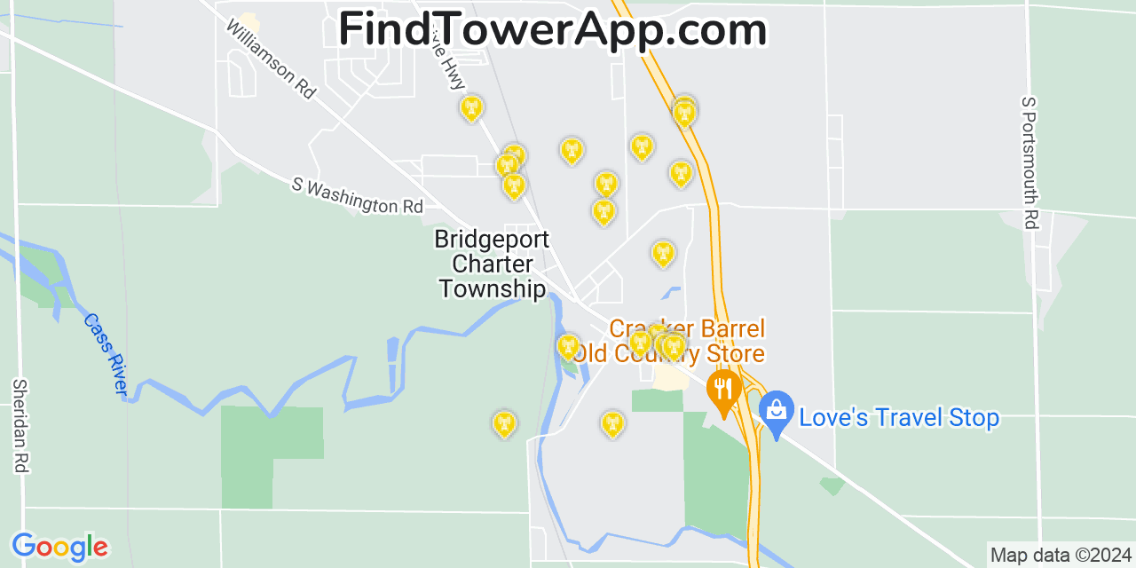 Verizon 4G/5G cell tower coverage map Bridgeport, Michigan