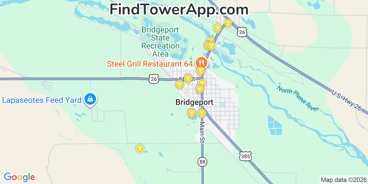 Map showing the 20 primary cell tower locations detected in Bridgeport, Nebraska from AT&T, Verizon, and T-Mobile networks
