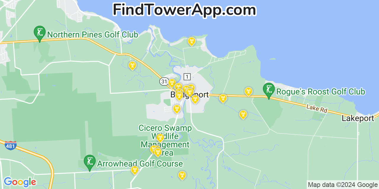 AT&T 4G/5G cell tower coverage map Bridgeport, New York