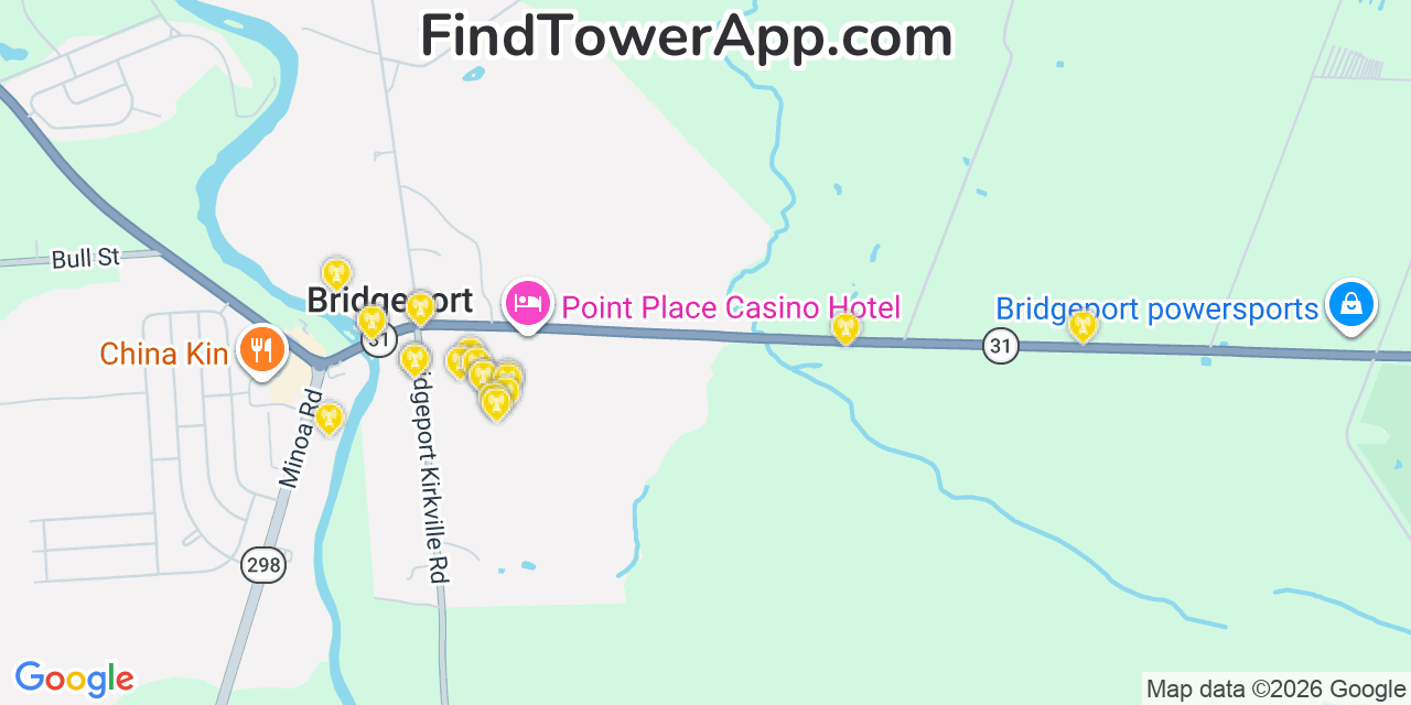 Map showing the 20 primary cell tower locations detected in Bridgeport, New York from AT&T, Verizon, and T-Mobile networks