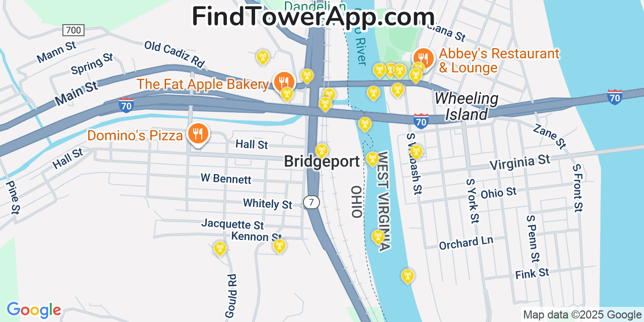Map showing the 20 primary cell tower locations detected in Bridgeport, Ohio from AT&T, Verizon, and T-Mobile networks