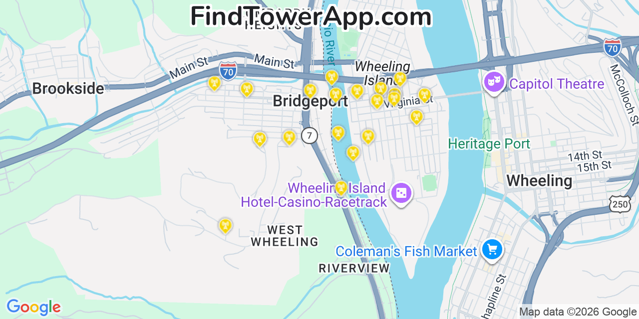 Map showing the 20 primary cell tower locations detected in Bridgeport, Ohio from AT&T, Verizon, and T-Mobile networks